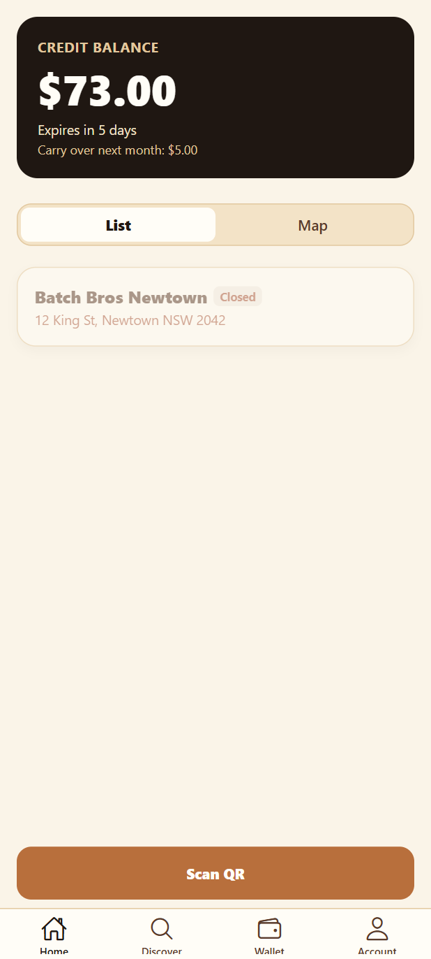 BrewFill home screen showing credit balance and nearby cafes