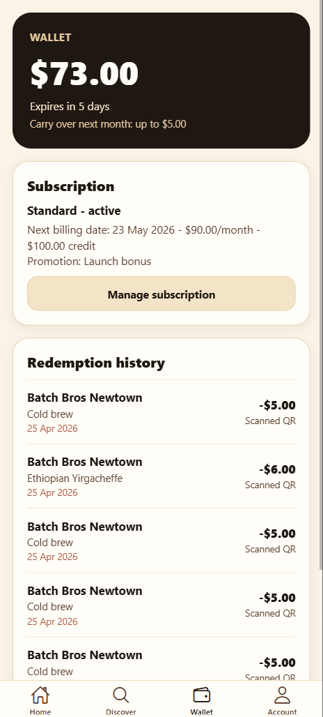 Wallet screen showing credit balance and redemption history
